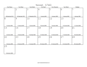 Tevet 5780 Calendar with Gregorian equivalents
