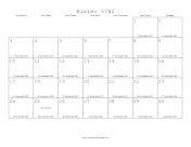 Kislev 5782 Calendar with Gregorian equivalents
