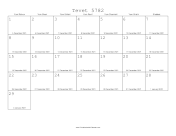 Tevet 5782 Calendar with Gregorian equivalents