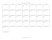 Elul 5782 Calendar with Gregorian equivalents